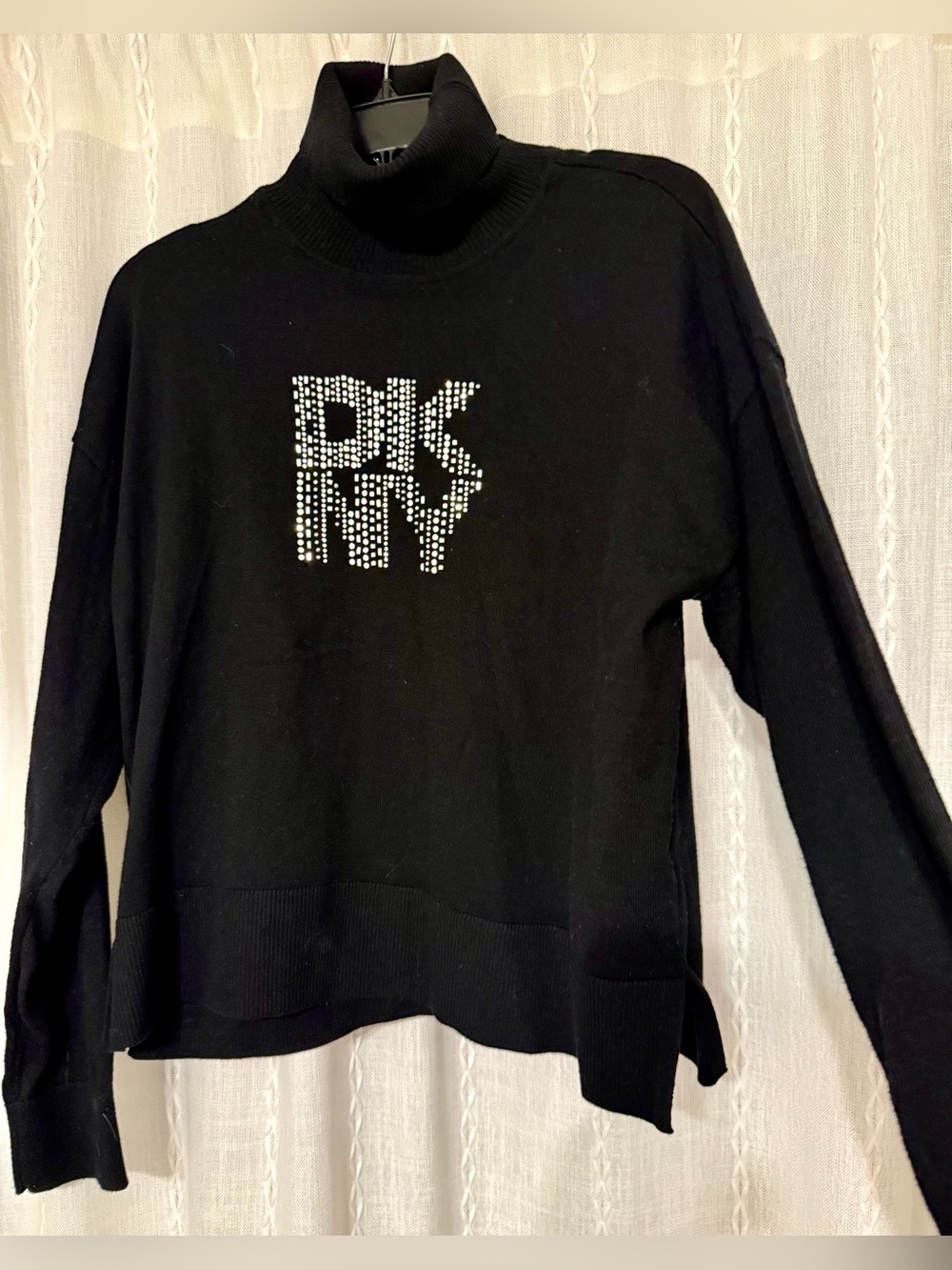DKNY Y2K Rhinestone McBling Logo Turtleneck Sweater w/silver rhinestone logo.